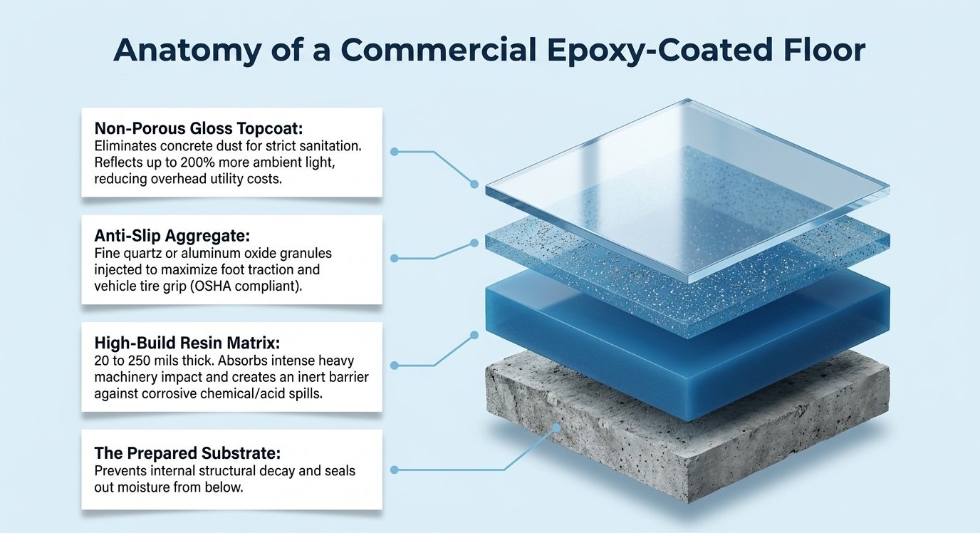 Cross-section diagram showing the anatomy of a thick commercial epoxy coated floor bonded to concrete