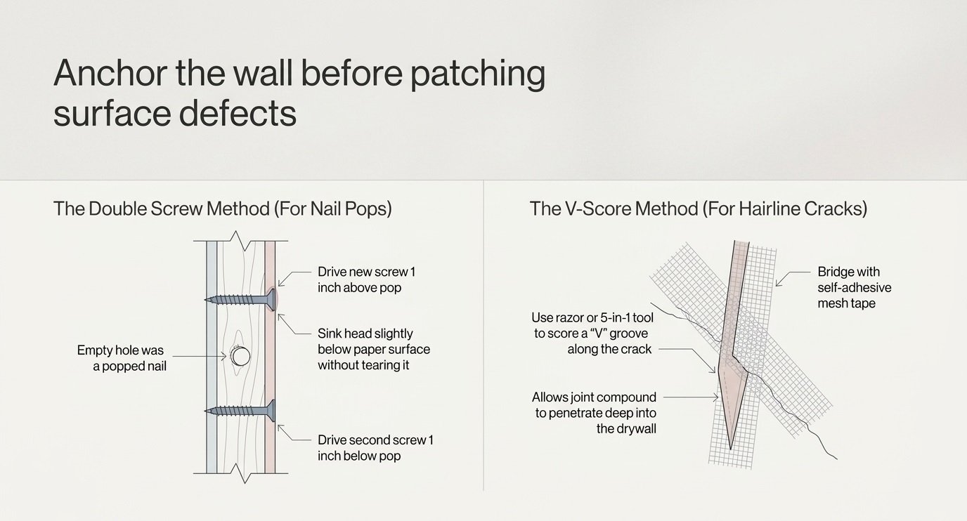 Anchor the wall before patching surface defects to prevent drywall pops