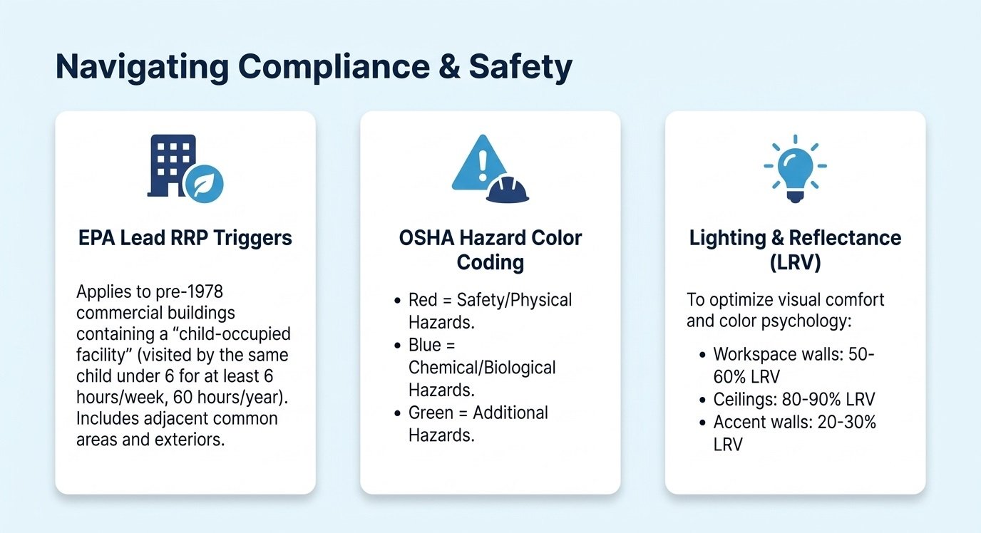 Contractors ensuring regulatory compliance and environmental safety during a major commercial painting project