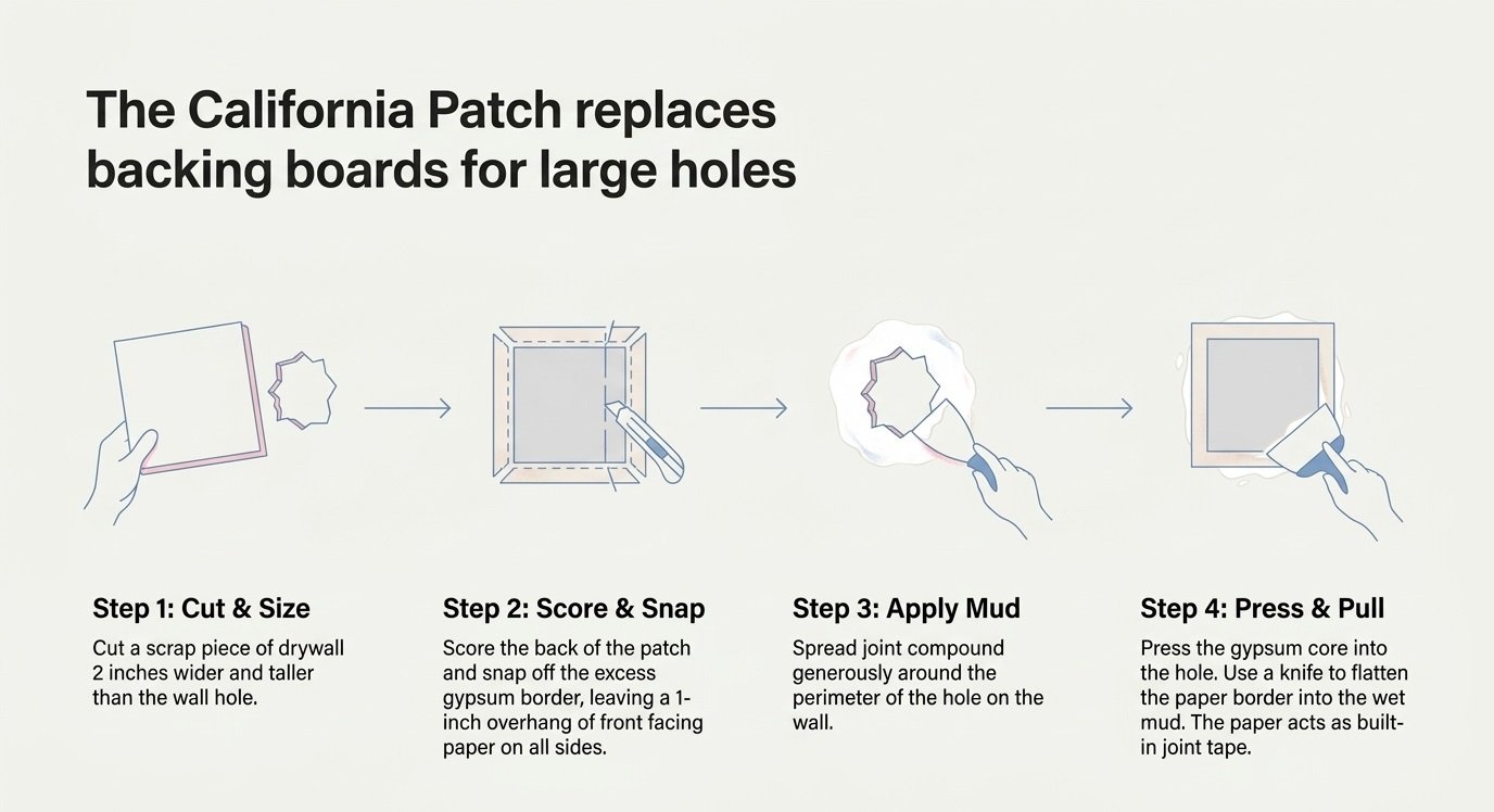 Use the California patch to fix large drywall holes during wall prep